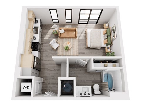 a 1 bedroom floorplan with a bathroom and a living room